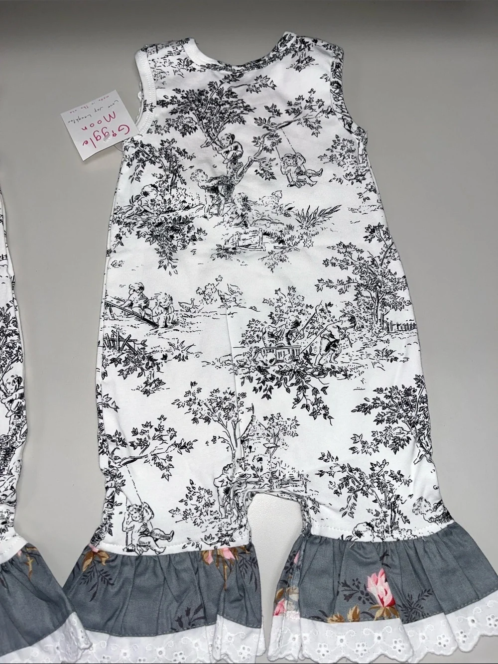 Giggle Moon White Black Toile Romper with Pink Yoke